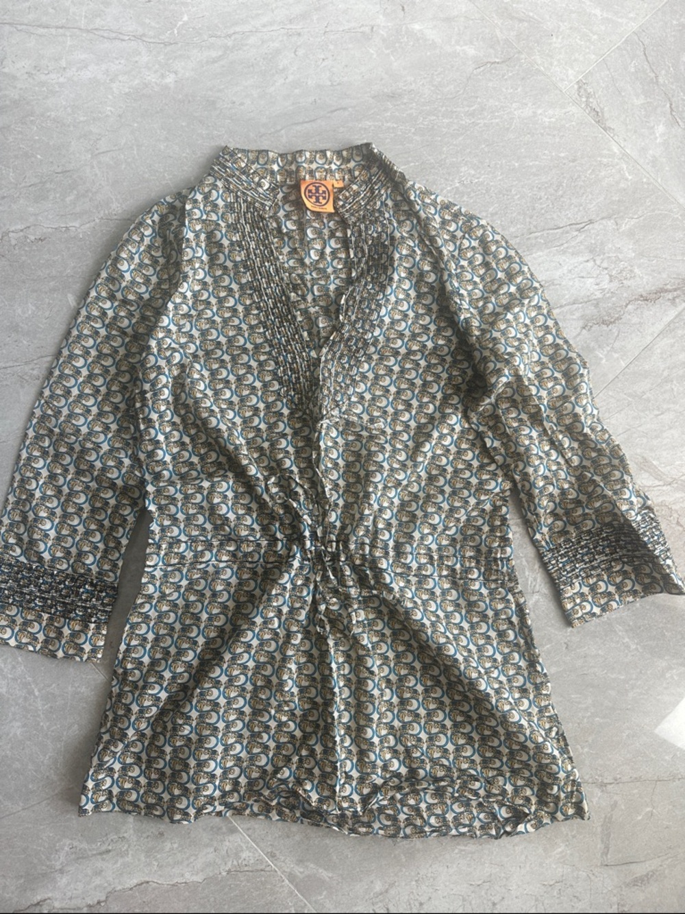 Tory Burch Blue & Cream Geometric Elephant Print tunic